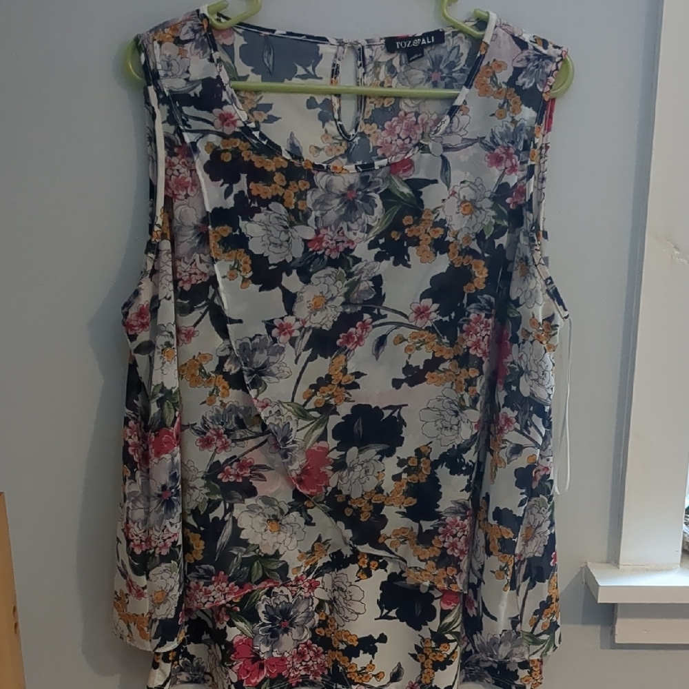 Roz & Ali Floral Cold-Shoulder Blouse in White, Black, Pink and Yellow